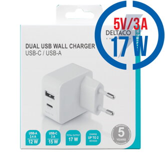 DELTACO USBC-AC134, 1x USB A/1xType C, Nabíjačka