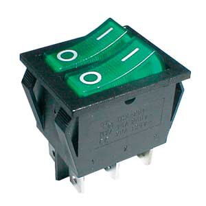 Přepínač kolébkový  2x(2pol./3pin) ON-OFF 250V/15A pros. zelený