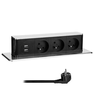 Výsuvný blok zásuviek Solight PP126, 3x zásuvka + 2x USB, hliník + plast, obdĺžnikový tvar