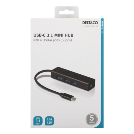 DELTACO USBC-HUB12, USB Type C Hub 4x USB 3.1 Gen1
