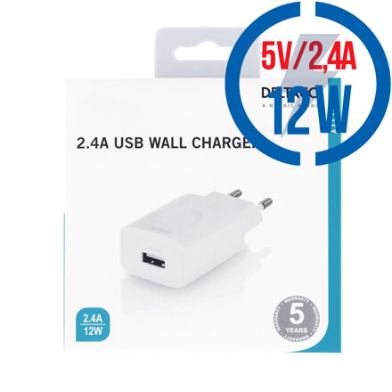 DELTACO USB-AC149, 1x USB A, Nabíjačka, biela