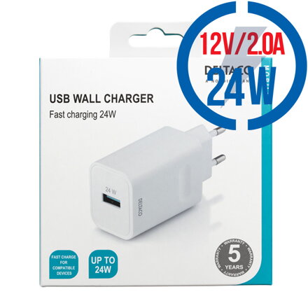 DELTACO USB-AC177, 1x USB A, Nabíjačka, biela