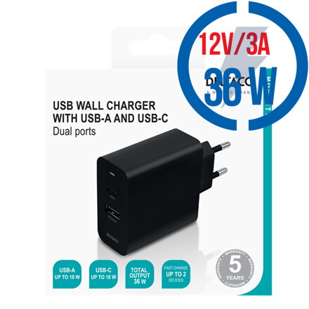 DELTACO USBC-AC137, 1x USB A/1xType C, Nabíjačka