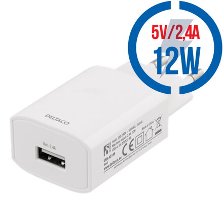 DELTACO USB-AC150, 1x USB A, Nabíjačka, biela