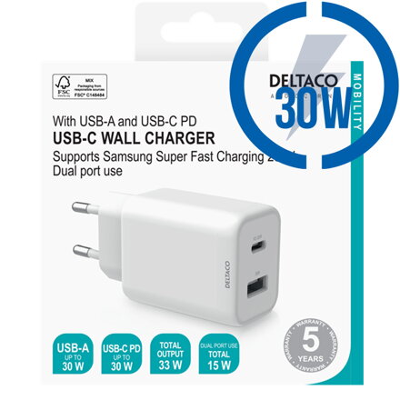 DELTACO USBC-AC145, 1xType C/1x USB, Nabíjačka