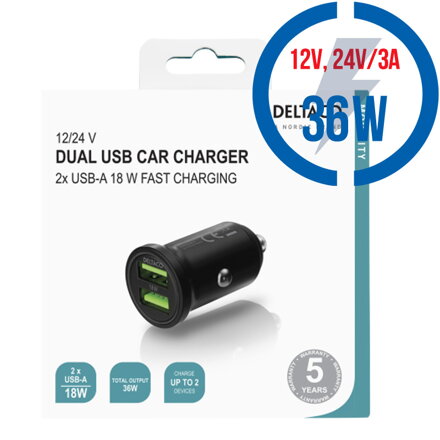 DELTACO USB-CAR128, Autonabíjačka 2x USB 2.0, či