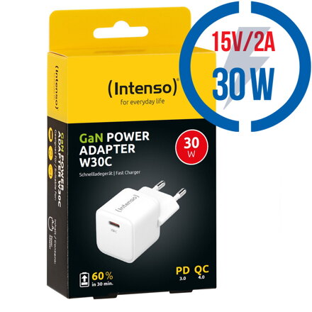 INTENSO W30C GaN, 1x USB C, Nabíjačka, 30W, biela