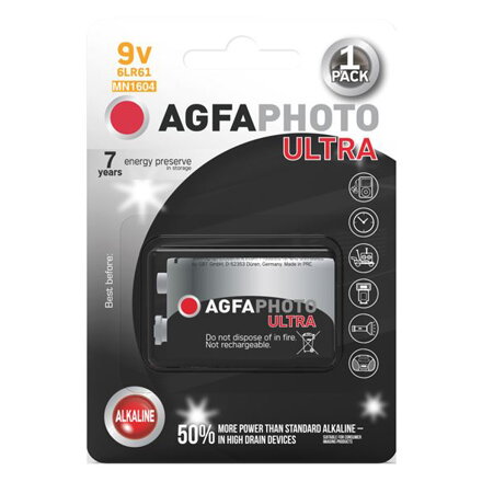 Batéria 9V (6LR61) alkalická AGFAPHOTO Ultra 1ks/blister