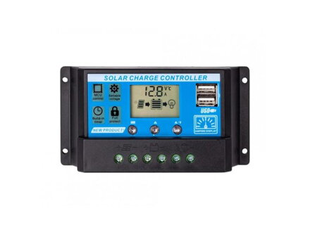 Solárny regulátor PWM 12-24V/10A+USB pre Pb batérie, LiFePO4, Li-ion