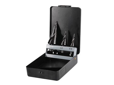 Vrtáky stupňovité, 3ks, Ř4-12/1mm, Ř4-20/2mm, Ř4-32/2mm, s lamačem třísek, EXTOL CRAFT