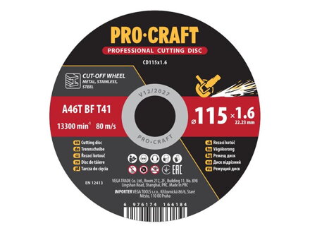 Kotúč rezný PROCRAFT 115x1.6mm