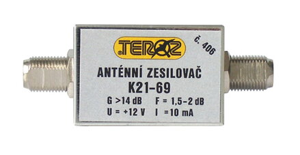 Anténní zesilovač nízkošumový DVB-T 14dB F-F Teroz 406X