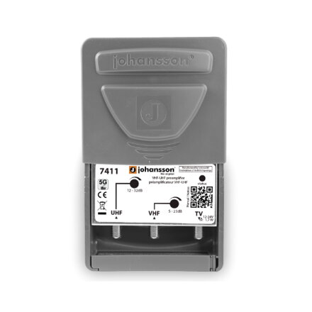 Anténny predzosilňovač Johansson 7411, 1x VHF, 1x UHF, 1x Out, voliteľný zisk, filter 5G LTE