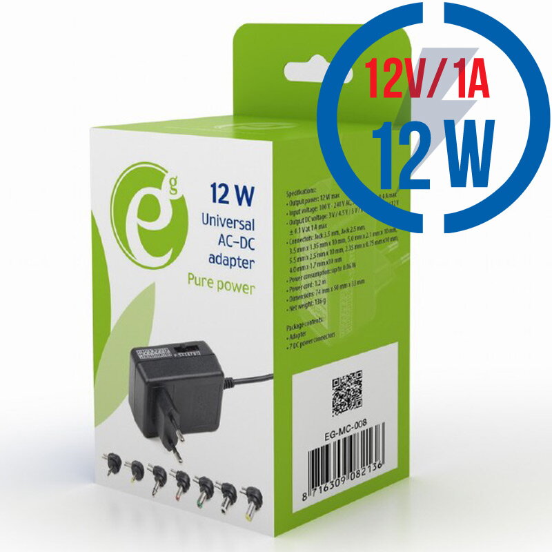GEMBIRD EG-MC-008, Univerzálny AC/D Adaptér 12W/1A GEMBIRD EG-MC-008, Univerzálny AC/D Adaptér 12W/1A