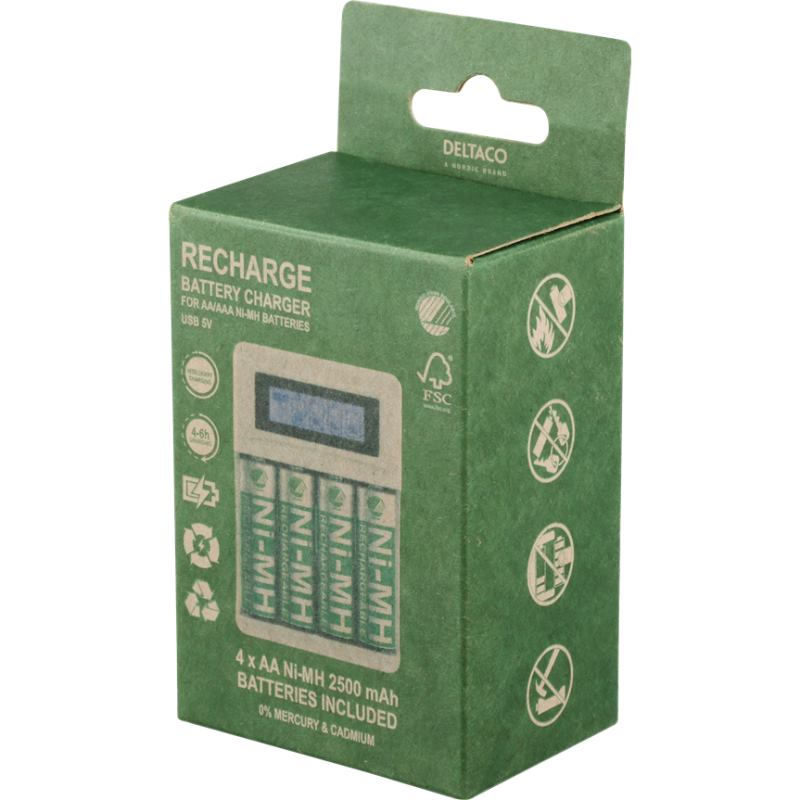 DELTACO C704A4, Nabíjačka batérií, USB + 4x AA DELTACO C704A4, Nabíjačka batérií, USB + 4x AA