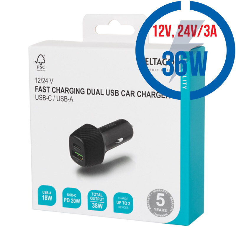DELTACO USBC-CAR120, Autonabíjačka 1x USB-C/USB-A DELTACO USBC-CAR120, Autonabíjačka 1x USB-C/USB-A