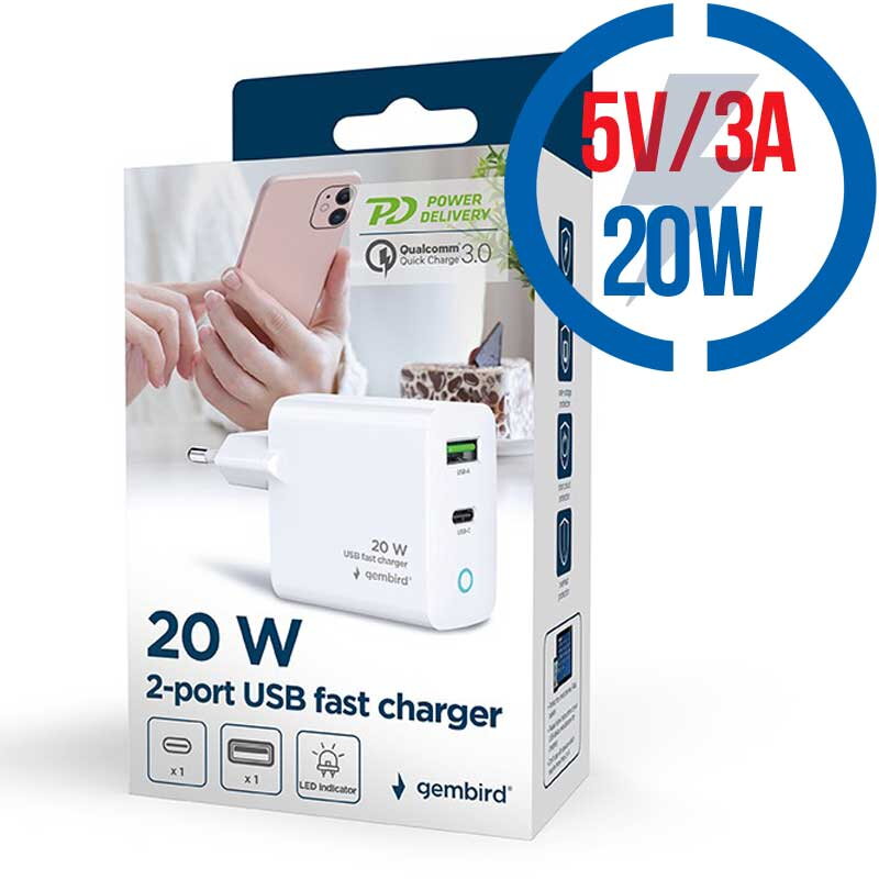 GEMBIRD TA-UC-PDQC20L-W-01, Nabíjačka, USB/USB-C GEMBIRD TA-UC-PDQC20L-W-01, Nabíjačka, USB/USB-C