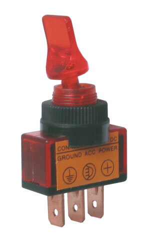 Přepínač páčkový 2pol./3pin ON-OFF 12VDC prosv. červený Přepínač páčkový 2pol./3pin ON-OFF 12VDC prosv. červený