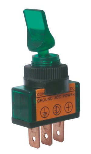 Přepínač páčkový 2pol./3pin ON-OFF 12VDC prosv. zelený Přepínač páčkový 2pol./3pin ON-OFF 12VDC prosv. zelený