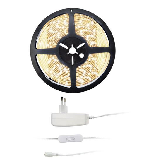 LED světelný pás s testrem, 5m, sada s 12V adaptérem, 4,8W/m, IP65, teplá bílá LED světelný pás s testrem, 5m, sada s 12V adaptérem, 4,8W/m, IP65, teplá bílá