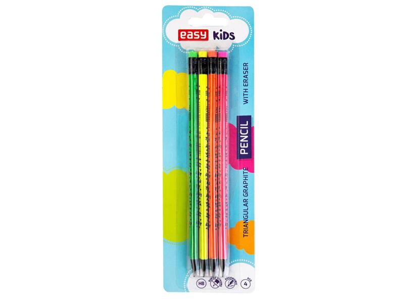 Ceruzky EASY FLUO drevené trojhranné s gumou 4ks Ceruzky EASY FLUO drevené trojhranné s gumou 4ks