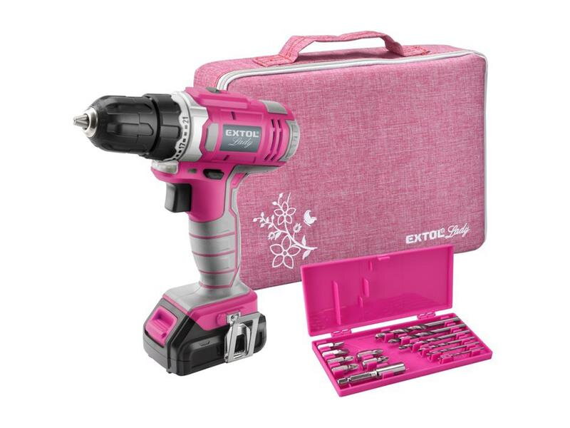 Aku vrtací šroubovák, růžový, 12V Li-ion, 1300mAh, sada v tašce, EXTOL LADY 402401 Aku vrtací šroubovák, růžový, 12V Li-ion, 1300mAh, sada v tašce, EXTOL LADY 402401
