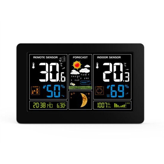Meteostanice, extra velký barevný LCD, teplota, vlhkost, tlak, RCC, USb nabíjení, černá TE81 Meteostanice, extra velký barevný LCD, teplota, vlhkost, tlak, RCC, USb nabíjení, černá TE81