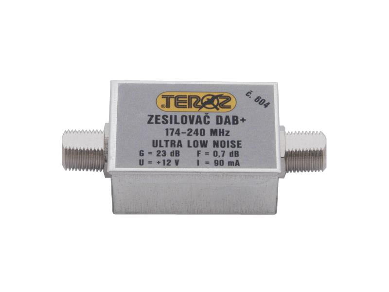 Anténny zosilňovač TEROZ 604X, nízkošumový, DAB, G23dB, F0,7dB, U>120dBμV, F-F Anténny zosilňovač TEROZ 604X, nízkošumový, DAB, G23dB, F0,7dB, U>120dBμV, F-F